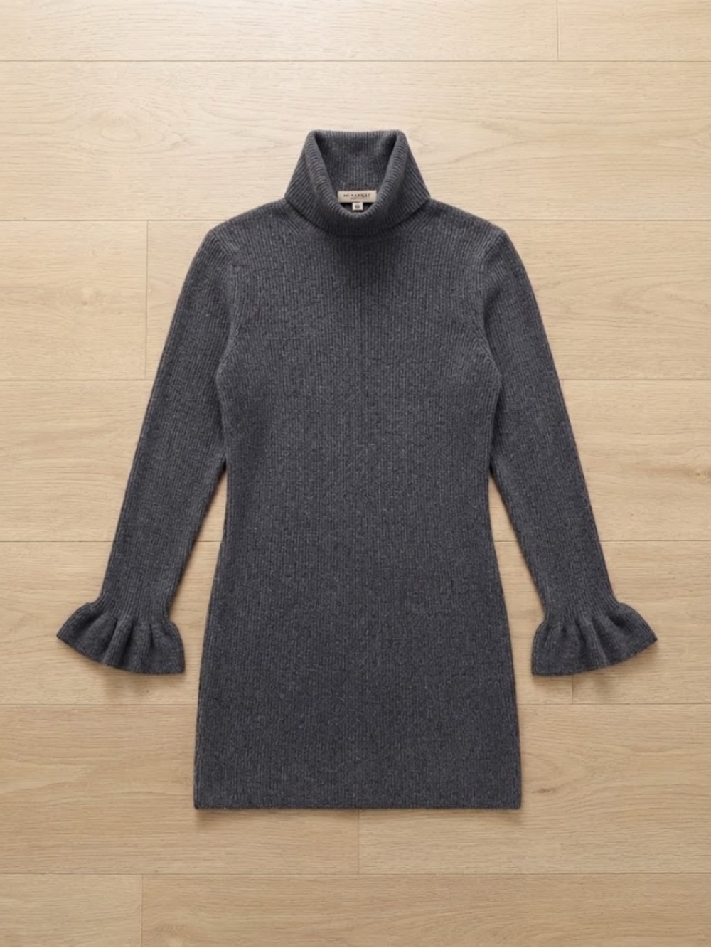 Burberry Wool-Blend Charcoal Turtleneck Knit Dress with Ruffle Cuffs